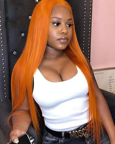 Synthetic Straight Hair 13x6 Lace Frontal Wig 22-26inch Orange Color Fiber Hair Wigs