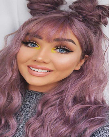 26 inch Long Wavy Wig With Air Bangs for Party Cosplay Heat Resistant Synthetic Wig Grey Pink Color