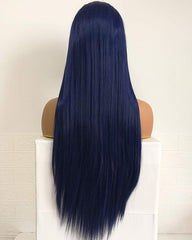 Dark Blue Lace Front Wigs for Women Glueless Long Straight Synthetic Wig with Baby Hair Middle Parting Heat Resistant 24 inches