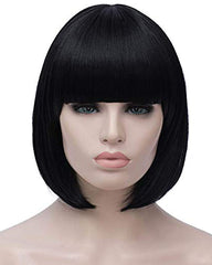 Short Bob Wigs Black Wig for Women with Bangs Straight Synthetic Wig 12inch