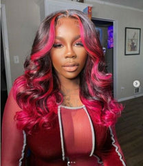 100% Remy Human Hair Wig Finger Pink Black 4*4 Lace Front Wig Pre Pluck Long Wig