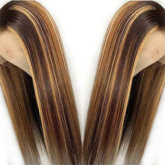 18" Brazilian Long Straight Lace Front Human Hair Wig Pre Plucked Black Brown Mixed