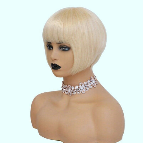 Womens 613 Blonde 100% Remy Human Hair Wigs Short Bob Wig with Bang Machine Made