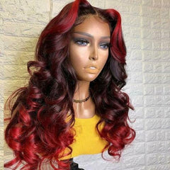 Ombre Red 99j Burgundy 13x1x4 T Part Lace Front Human Hair Wigs Body Wave 20inch