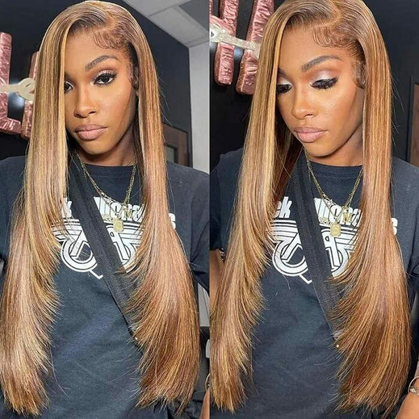 Long Straight 4X4 Lace front Human Hair Wigs Ombre Honey Blonde Highlight Wig