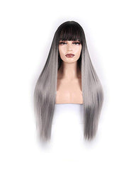 Long Straight Synthetic Wigs With Bangs High Temperature Fiber Hair Black to Grey Color 25inch