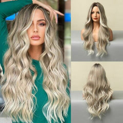 Long Silky Body Wavy Wig Ombre Blonde Wigs Middle Part Synthetic Hair Glueless