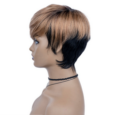 Women Pixie Cut Short Wave omber brown Human Hair Lace Wig Machine Made Cap Natural Hairline