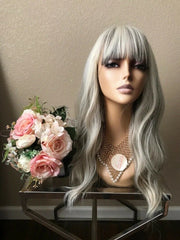 Long Grey White Wigs Curly Wavy Synthetic Hair Wig With Bangs Cosplay Party Safe
