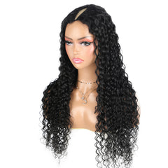 Long V Part Human Hair Wig Deep Water Wave Black Wigs Non Lace Daily Heat Soft