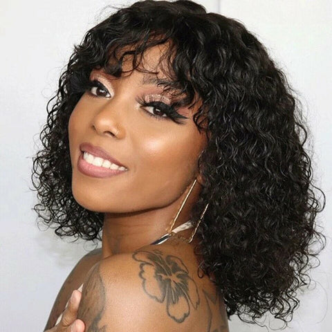 Brazilian Water Wave 100% Human Hair Wigs With Bangs None Lace Wig For Women 12"