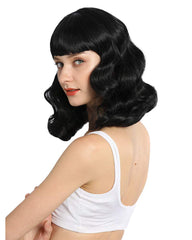 Synthetic Long Finger Wavy Wigs for Women Rockabilly Vintage Wig Audrey Hepbum Short Bang Wig Black Color