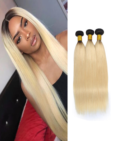 Ombre Remy Braziian Straight Human Hair 3 Bundles 8-28inch 1B/613 Color