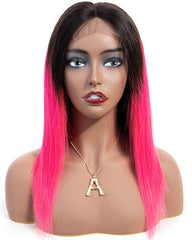 Ombre Remy Human Hair Straight 13x6 Lace Frontal Wig 10-26inch 1B/Pink Color