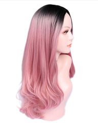 Long Synthetic Cosplay Wig Body Wave Ombre Pink Middle Part Wigs