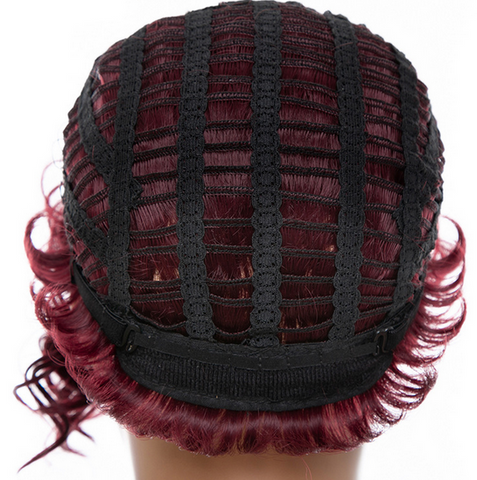 Short Kinky Curly Synthetic Wig With Bangs Heat Safe Pixie Cut Wine Red Wigs