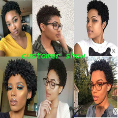 Details about  African American Real Human Hair Wigs Black Short Pixie Cut Wigs Curly for Women