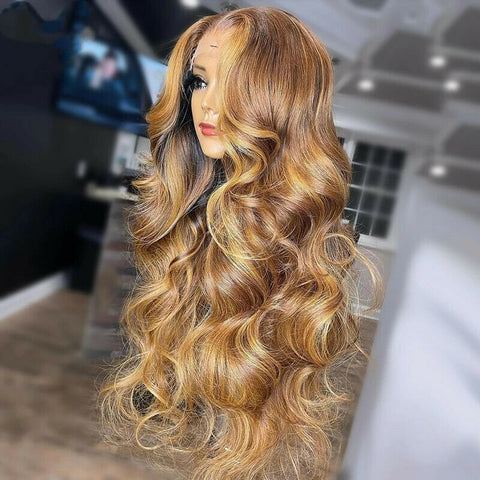 Honey Blonde Body Wave T Part Lace Front Wig Pre-Plucked Highlight Human Hair