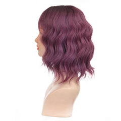 Short Body Wavy Bob Wig with Bangs Ombre Purple Synthetic Hair Wigs Cosplay Use