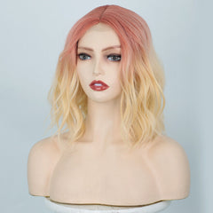 Short Water Wave 4x2 Lace Front Wig Orange Pink to Blonde Synthetic Wigs Natural