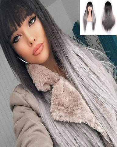 Long Straight Synthetic Wigs With Bangs High Temperature Fiber Hair Black to Grey Color 25inch