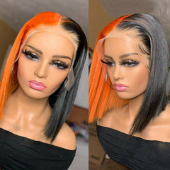 Half Orange Half Black Bob Wig T Part Lace Front Wig Real Human Hair Pre Plucked