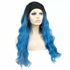 Long 24" Wavy Wigs Women Headband Wigs Black Blue Ombre Blue Synthetic Hair
