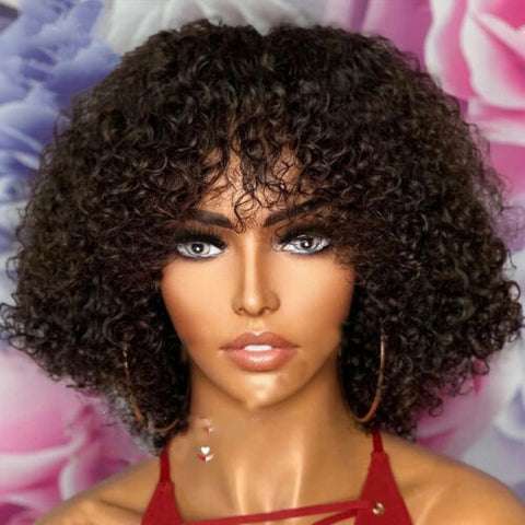 100% Human Hair Wig For Women Jerry Curly Wigs With Bangs Full Machine None Lace