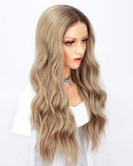 Ombre Blonde Synthetic Lace Front Wig For Women Brown Roots Ash Blonde Long Wave Wigs Heat Resistant 22 Inches