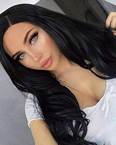 Long Wave Synthetic Wigs for Black Women with Free Wig Cap Natural Black Lace Front Wig 24inch