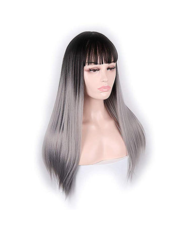 Long Straight Synthetic Wigs With Bangs High Temperature Fiber Hair Black to Grey Color 25inch