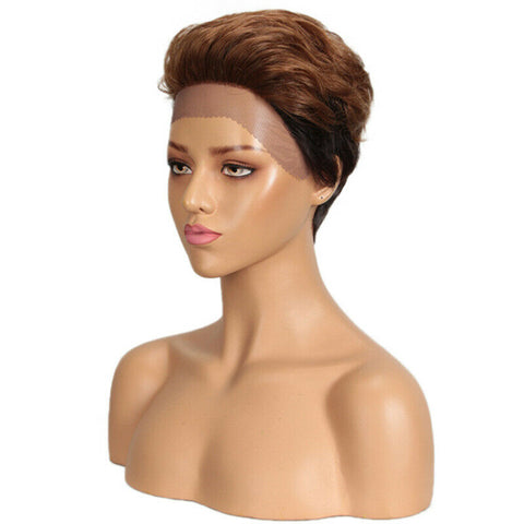 Women Pixie Cut Short Wave Human Hair Lace Wig Machine Made Cap Natural Hairline