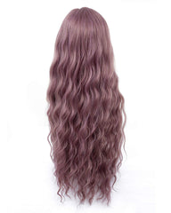 26 inch Long Wavy Wig With Air Bangs for Party Cosplay Heat Resistant Synthetic Wig Grey Pink Color