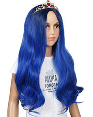 Kids Size Wig and Crown Set Long Wavy Cosplay Wig for Halloween Costumes and Party (Dark Root Blue)