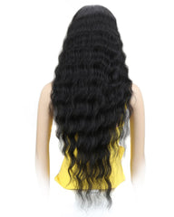 Long Wavy Synthetic Wigs For Black Women 130% Density Wigs Lace Front Wigs 30inch Black Color