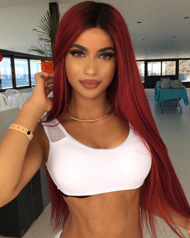 Long Straight Ombre Color Wine Red Heat Resistant Fiber Synthetic Cosplay Wigs