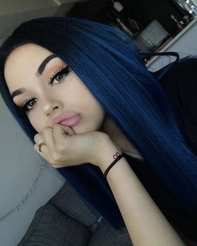 19 Inch Short Ombre Blue Straight Synthetic Wig for Women can be Curled High temperature Fiber