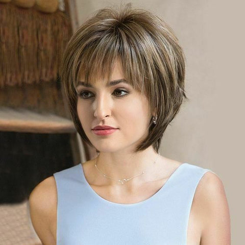 Short Hair Wigs with Bangs Dark Brown Highlight Blonde Pixie Cut Wig for Women