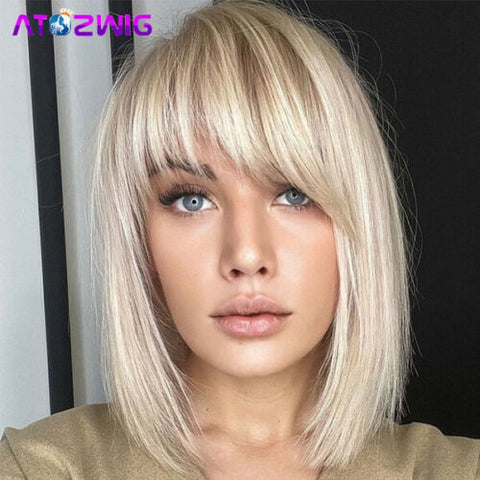 Short Straight Blonde Bob Wig With Bangs for Fashion Women Natural Looking Wigs