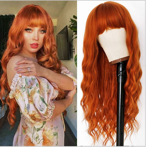 Long Wavy Wigs With Bangs Synthetic Hair Heat Safe Wigs For Womans Daily Orange