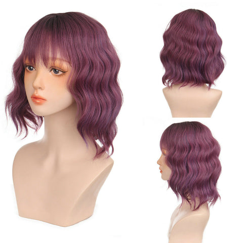 Short Body Wavy Bob Wig with Bangs Ombre Purple Synthetic Hair Wigs Cosplay Use