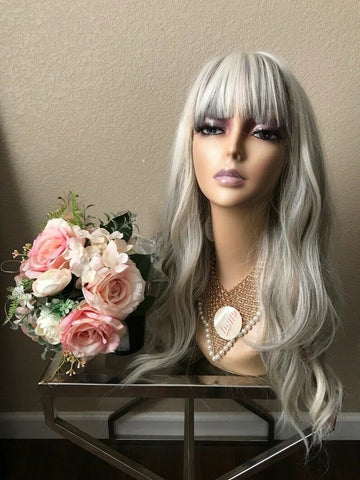 Long Grey White Wigs Curly Wavy Synthetic Hair Wig With Bangs Cosplay Party Safe