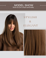 Long Synthetic Wig with Bangs Dark Root Ombre Color High Density Natural Headline Heat Resistant Hair Wigs for Women 18"