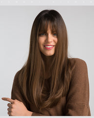 Long Synthetic Wig with Bangs Dark Root Ombre Color High Density Natural Headline Heat Resistant Hair Wigs for Women 18"