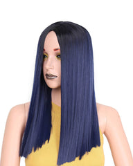 19 Inch Short Ombre Blue Straight Synthetic Wig for Women can be Curled High temperature Fiber