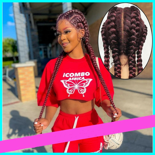 Burgundy Red Braided Wigs for Black Women Realistic Braided Full Lace Front  Wigs with Baby Hair 4 Braids Wigs Synthetic Heat Resistant Cosplay Daily