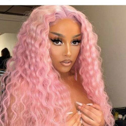 Deep Wave Long 28" Light Pink Lace Front Wigs Synthetic Curly Hair T part Lace