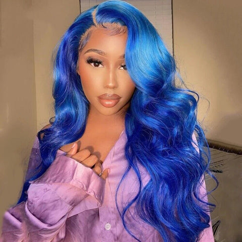 Long Body Wavy T Part Lace Front Wigs Blue Synthetic Hair Wig Natural Heat Fiber