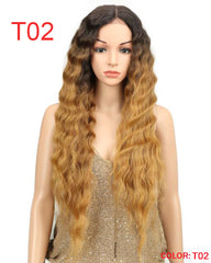 Long Black Deep Wave High Temperature Fiber Middle Part 30 Inch 150% Heavy Density Lace Front Synthetic Wigs