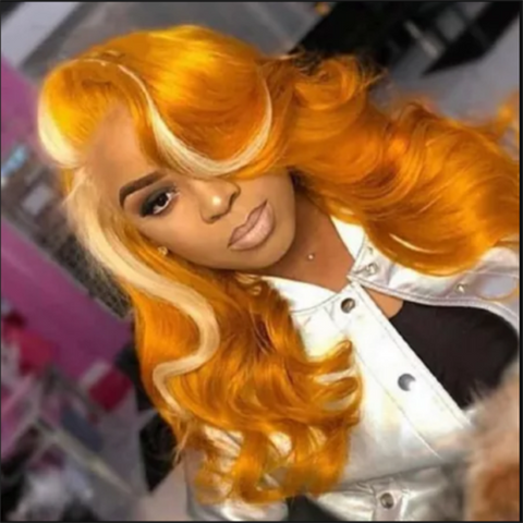 16 inch Orange Highlight 100% Remy Human Hair Wig Lace Frontal Wig Pre plucked